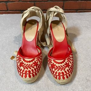 Aldo Muschino Women's Wedge Espadrilles Tie Ankle Sandal Red/ Beige Size 10